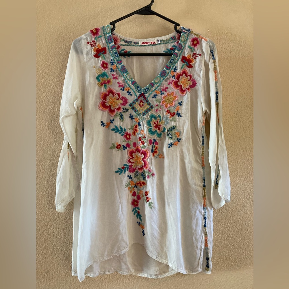 Johnny Was embroidered sheer blouse.
